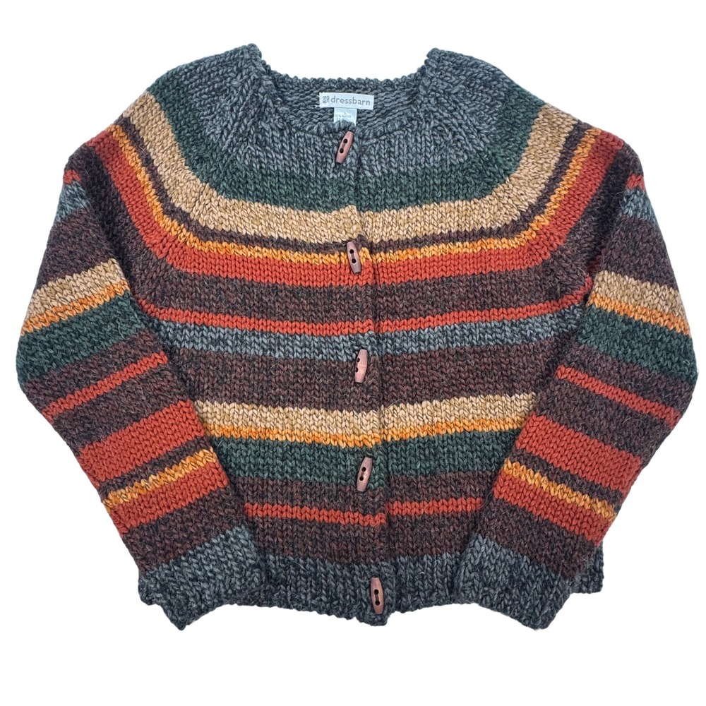 Dressbarn Womens Chunky Knit Striped Wool Blend Toggle Cardigan Sweater Large
